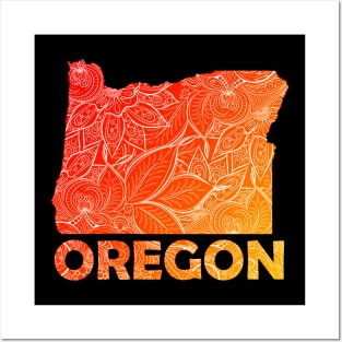 Colorful mandala art map of Oregon with text in blue and violet Colorful mandala art map of Oregon with text in red and orange Posters and Art